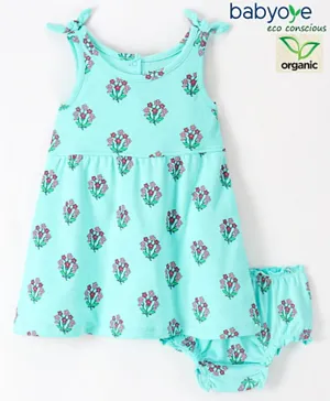Babyoye Eco-Conscious Organic Cotton Knit Sleeveless Floral Printed Frocks with Bloomer - Green