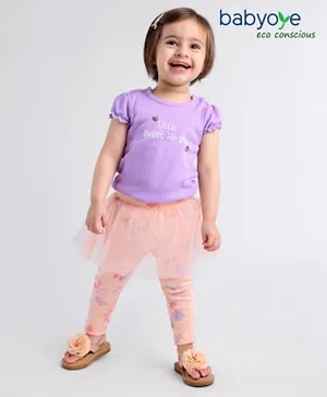 Babyoye Eco-Conscious Cotton with Eco-Jiva Finish Puff Sleeves Onesie & Leggings Floral Print - Purple & Peach