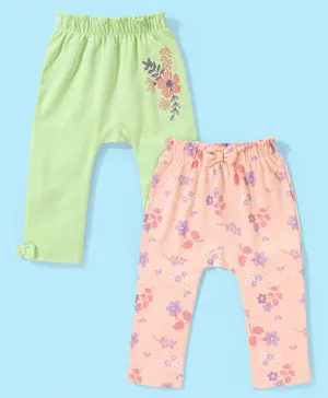 Babyoye Eco Conscious Cotton Eco Jiva Floral Print Full Length Diaper Leggings Pack of 2 - Green & Pink