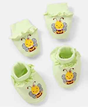 Babyoye Eco-Conscious Cotton with Eco-Jiva Finish Fairy Bees Print Mittens & Booties Set - Jade Green