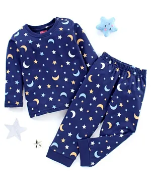 Babyhug Cotton Full Sleeves Night Suit Moon & Stars Print - Blue