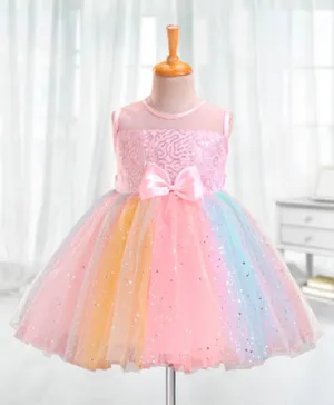 Babyhug Sleeveless Sequinned Party Frock With Bow - Multicolor