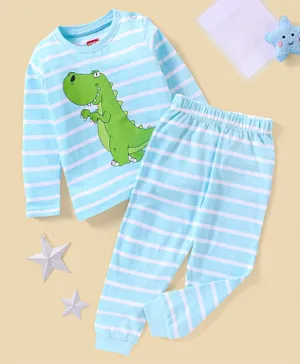 Babyhug Cotton Knit Full Sleeves Night Suit Striped & Dino Print- White & Blue