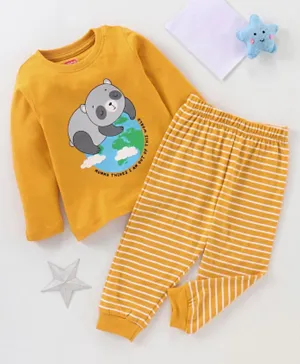 Babyhug Cotton Full Sleeves Night Suit Stripes & Panda Print- Orange
