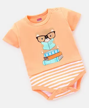 Babyhug 100% Cotton Half Sleeves Onesie Stripes & Bear Print - Peach