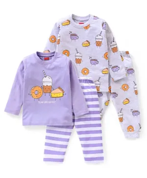Babyhug Cotton Full Sleeves Night Suit Doughnut & Shake Print Pack of 2- Lavender & Ecru