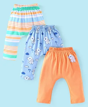 Babyhug Cotton Knit Full Length Diaper Pants Elephant Print Pack of 3 - Blue & Orange