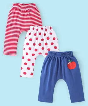 Babyhug Cotton Knit Full Length Striped Diaper Pants Fruits Print Pack of 3 - Red White & Blue