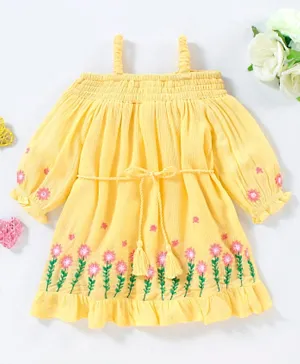 Babyhug 100% Viscose Cold Shoulder Tie Knot Frock with Cotton Lining Floral Embroidery - Yellow