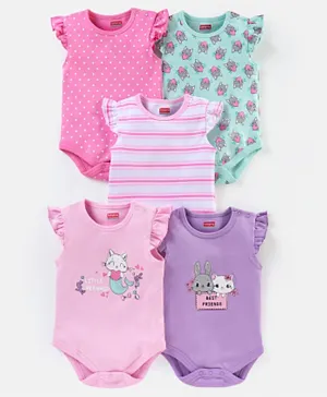Babyhug 100% Cotton Frill Sleeves Kitty Print Onesies Pack Of 5 - Pink Purple & Green