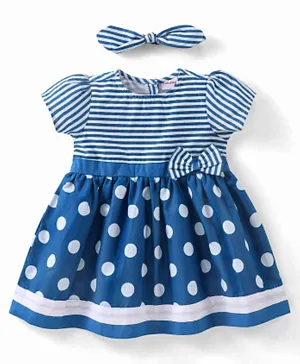 Babyhug 100% Cotton Knit Short Sleeves Frock With Headband Striped - Blue