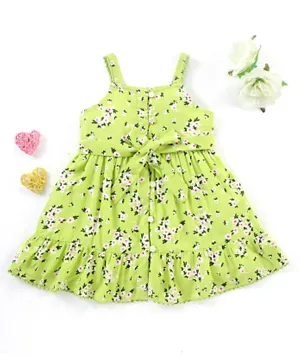 Babyhug 100% Viscose Woven Sleeveless Floral Printed Frock with Belt - Lime Green