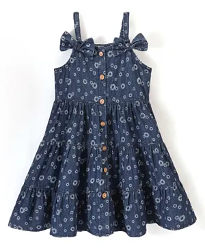 Babyhug 100% Cotton Denim Singlet Sleeves Frock With Bow Applique Floral Print- Blue