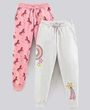 Primo Gino French Terry Cotton Ankle Length Unicorn Printed Joggers Pants Pack Of 2 - Rose Pink Grey Melange