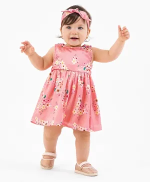 Bonfino Woven Sleeveless Party Dress with Headband Floral Print - Pink