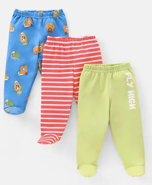 Babyhug Cotton Full Length Bootie Pants Stripes & Fruit Print Pack Of 3- Green & Blue