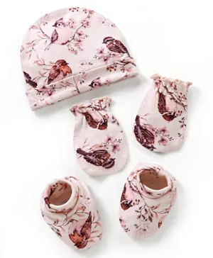 Bonfino Cotton Cap Mittens & Booties Set Bird Print Pink - Diameter 12 cm