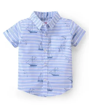 Babyhug 100% Cotton Half Sleeves Stripe with Boat Print Shirt - Blue