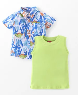 Babyhug 100% Cotton Half Sleeves Leaf Printed Shirt With Solid Inner T-Shirt - White Blue & Green