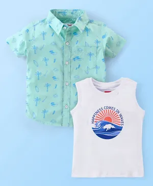 Babyhug 100% Cotton Half Sleeves Palm Tree Print Shirt with T-Shirt - Blue