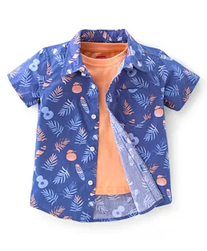 بيبي هاج قميص بطبعة أوراق شجر مع تيشيرت داخلي سادة - أزرق داكن وبرتقالي