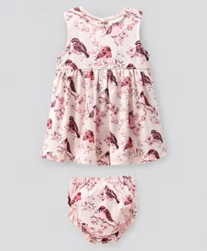 Bonfino 100% Cotton Sleeveless Frock with Bloomer Bird Print - Pink