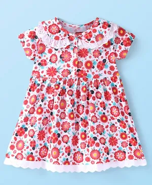 بيبي هاغ فستان نصف كم محاك من القطن 100٪ بطبعة زهور - أبيض وأحمر