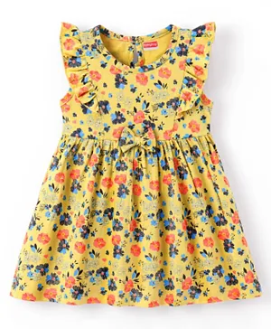Babyhug 100% Cotton Sleeveless Frock With Bow Applique & Floral Print - Yellow
