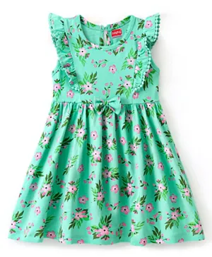 Babyhug Cotton Jersey Knit Cap Sleeves Floral Print Frock - Green