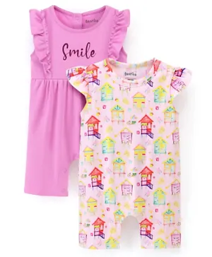 Bonfino 100% Cotton Half Sleeves Rompers House Print Pack of 2 - Pink