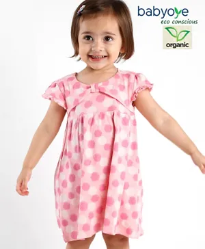 Babyoye Eco-Conscious Organic Cotton Cap Sleeves Frock with Bloomer Polka Dots Printed - Pink