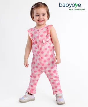 Babyoye Eco-Conscious Organic Cotton Printed Sleeveless Romper with Bow Applique Polka Dots Print - Pink