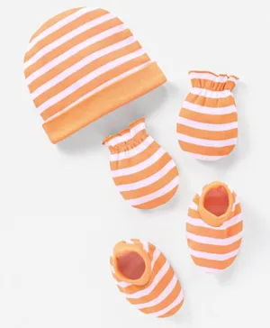 Babyhug 100% Cotton Cap Mittens And Booties Set Stripes Pattern Orange - Diameter 10 cm