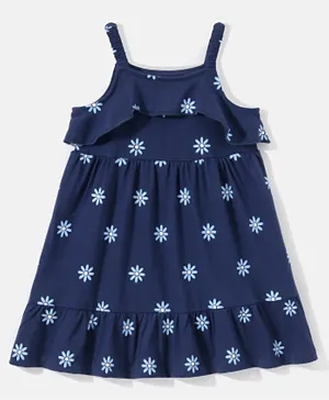 Babyhug 100% Cotton Knit Sleeveless Frock with Tier Detailing Floral Print - Navy