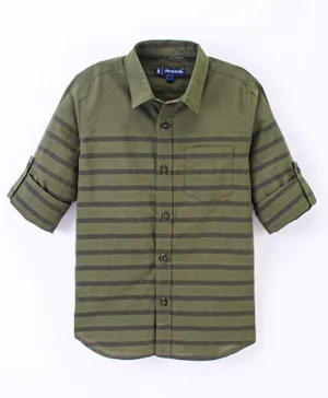 Pine Kids 100% Cotton Full Sleeve Turn Up Single Pocket Striped Shirt - Green