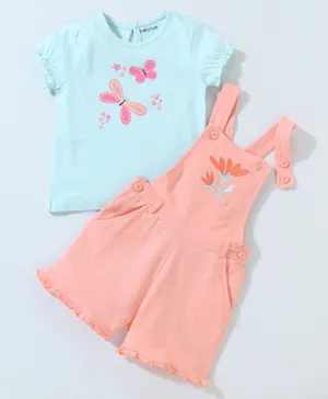 Babyoye Eco Conscious Cotton Organic Cap Sleeves Top With Dungaree Butterfly Print & Floral Embroidery- Blue Peach