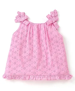 Babyhug 100% Cotton Sleeveless Hakoba Woven Embroidered Top with Bow & Frill Detailing - Pink