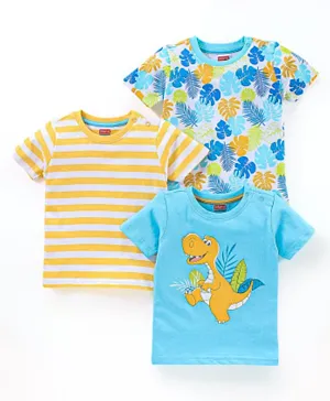 Babyhug Cotton Half Sleeves T-Shirt Pack of 3 Striped & Dino Print - Blue