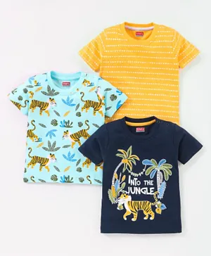 Babyhug Cotton Knit Half Sleeves Tiger Printed T-Shirts Pack of 3 - Navy Blue & Yellow