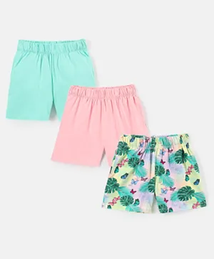 Primo Gino Cotton Elastane All Over Print & Solid Shorts Pack of 3 - Blue Pink & Green