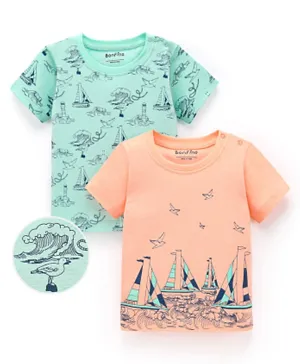 Bonfino 100% Cotton Knit Interlock Half Sleeves Sea Theme Print T-Shirts Pack Of 2 - Orange & Green