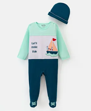 Bonfino Cotton Full Sleeves Color Block & Sailor Boat Applique Sleep Suit With Cap- Blue & Green