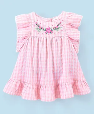 Babyhug 100% Cotton Yarndyed Frill Sleeves Checks Frock with Embroidery Detailing - Pink