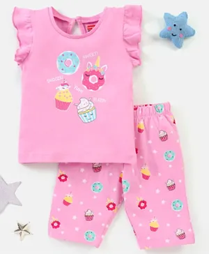Babyhug Cotton Knit Frill Sleeves Capri Night Suit Donut Print - Pink