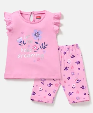 Babyhug Cotton Knit Flutter Sleeves Top & Capri Nightwear Set Text & Floral Print - Pink