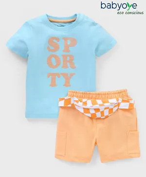Babyoye 100% Cotton Half Sleeves Tee & Shorts With Fanny Bag Text Print- Blue & Orange