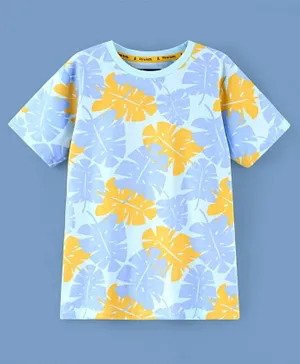 Pine Kids 100% Cotton Half Sleeves Biowashed T-Shirt Leaf Print- Blue
