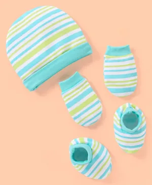 Babyhug 100% Cotton Cap Mittens & Booties Striped Print Blue - Cap Diameter 11 cm