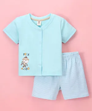 ToffyHouse Half Sleeves T-Shirt and Shorts Set Monkey Embroidery - Blue