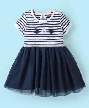 Babyhug 100% Cotton Half Sleeves Striped Frock with Mesh and Floral Applique - Navy Blue